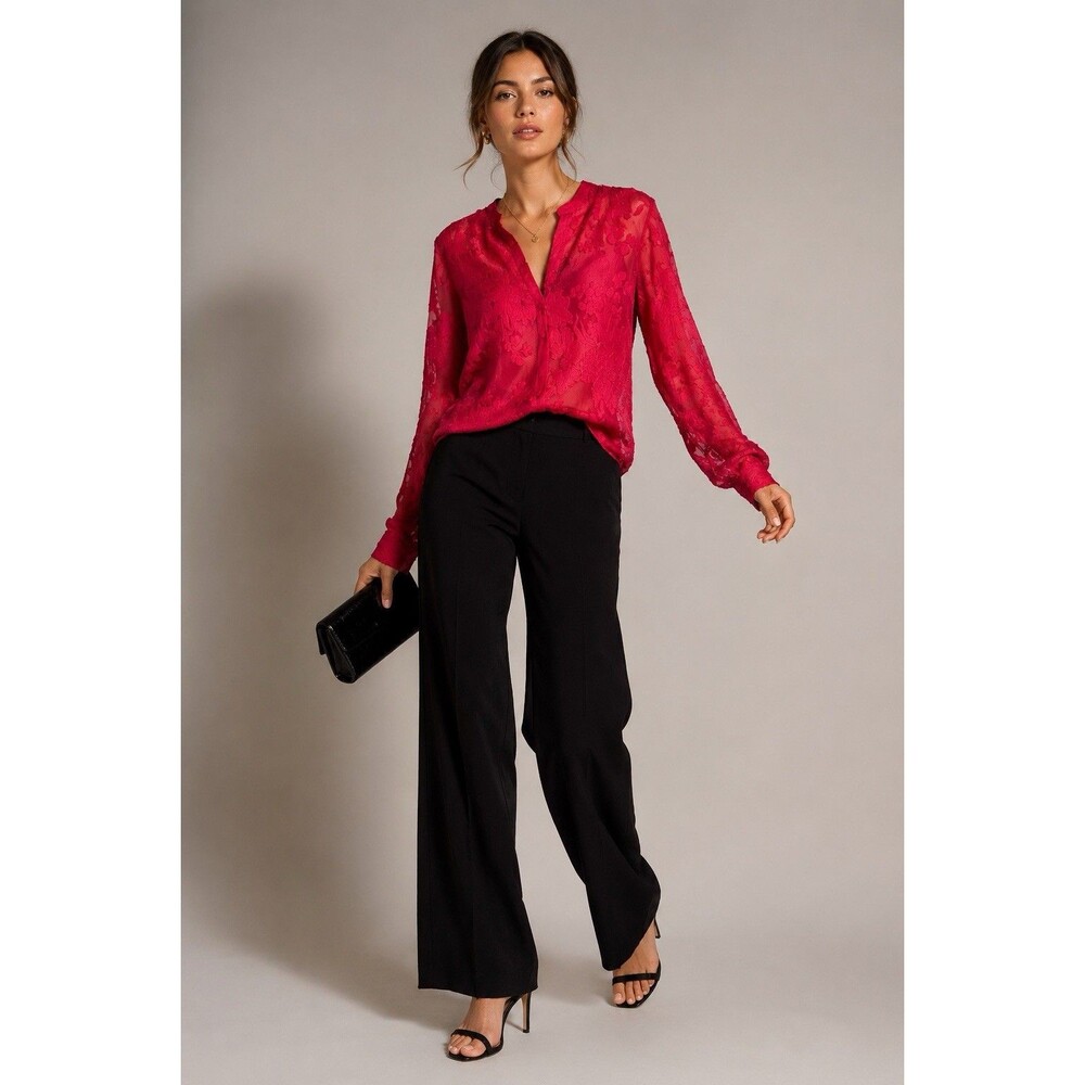 Cynthia Rowley Sheer Floral Burnout Blouse XS Berry Red Silk Blend Long Sleeve - Picture 8 of 13